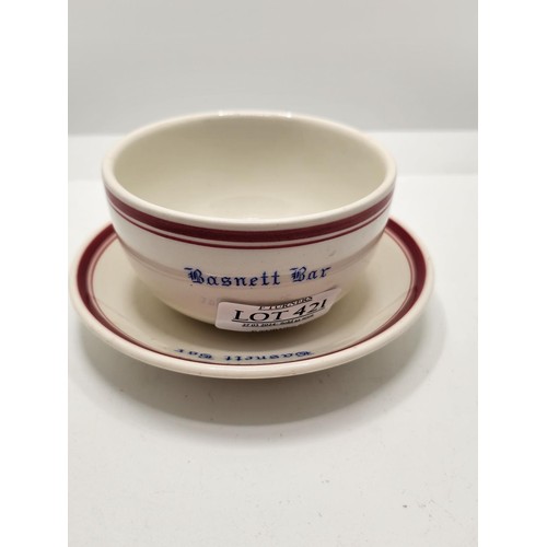 421 - DUNN BENNET AND CO COFFEE BOWL AND SAUCER MARKED 'BASNETT BAR' (VINTAGE LIVERPOOL CAFE DEMOLISHED 19... 