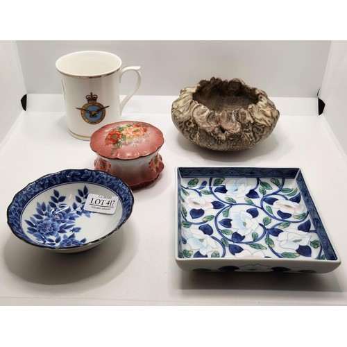 417 - RAF MUG, PINK GLAZED VICTORIAN POWDER DISH, SMALL ORIENTAL TRAY AND ORIENTAL BOWL, AND ONE OTHER STO... 