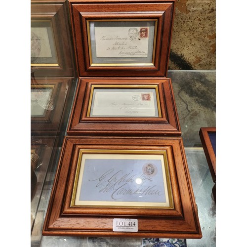 414 - X3 FRAMED ANTIQUE ENVELOPES AND STAMPS, X2 WITH PENNY REDS AND A WELSH GIULSFIELD UDC 1D PINK