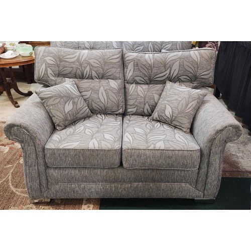 307 - GREY UPHOLSTERED REVERSIBLE 2-SEATER SOFA (ONE SIDE LEAF DESIGN AND THE OTHER SHADES OF GREY) WITH T... 