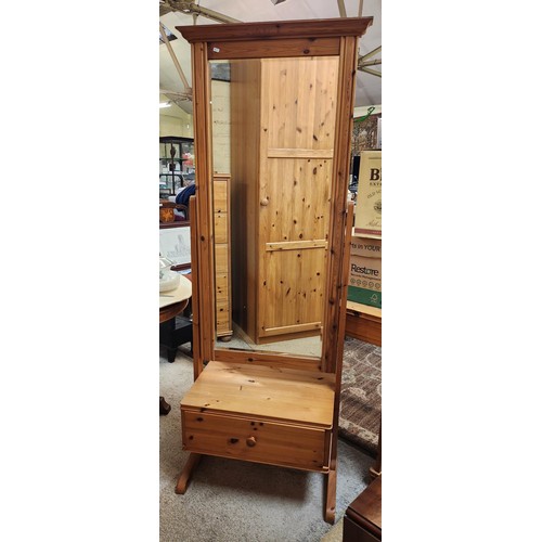 274 - PINE STANDING CHEVAL OR BEDROOM MIRROR WITH SINGLE DRAWER 167CM HIGH 62CM WIDE AND 36CM DEEP