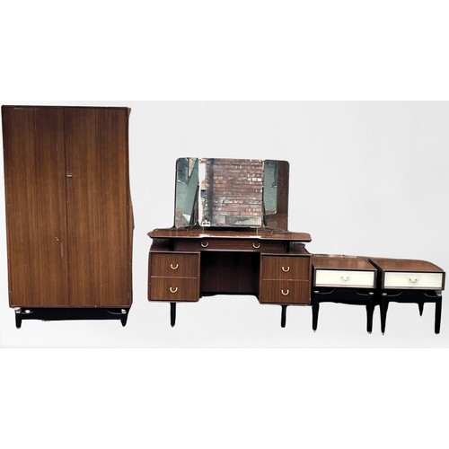 246 - MID CENTURY E GOMME G-PLAN BEDROOM SUITE - C.1960 - CONSISTING OF TRIO MIRRORED WARDROBE, DOUBLE WAR... 