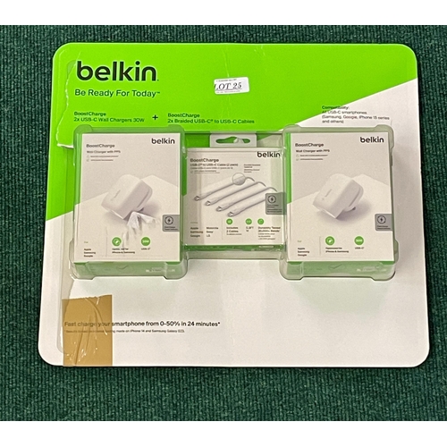 25 - BOXED BELKIN 'BE READY FOR TODAY' SET INCL X2 USBC WALL CHARGERS, X2 BRAIDED USBC CABLES, SUITABLE F... 