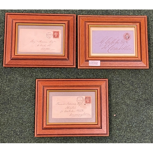 234 - X3 FRAMED ANTIQUE ENVELOPES AND STAMPS, X2 WITH PENNY REDS AND A WELSH GIULSFIELD UDC 1D PINK