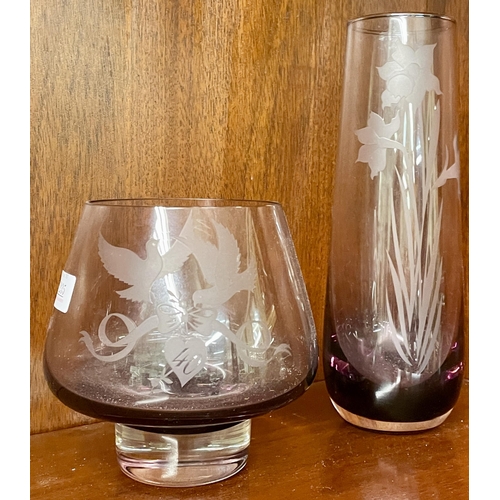 235 - TWO CAITHNESS CRYSTAL FLOWER VASES BOTH WITH ETCHED DESIGNS - MAKERS MARK INCISED TO BASES