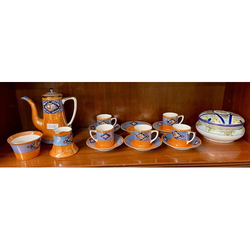 236 - NORITAKE WARES - A NORITAKE ORANGE AND BLUE LUSTRE COFFEE SET - WITH FLORAL CARTOUCHE - COFFEE POT, ... 