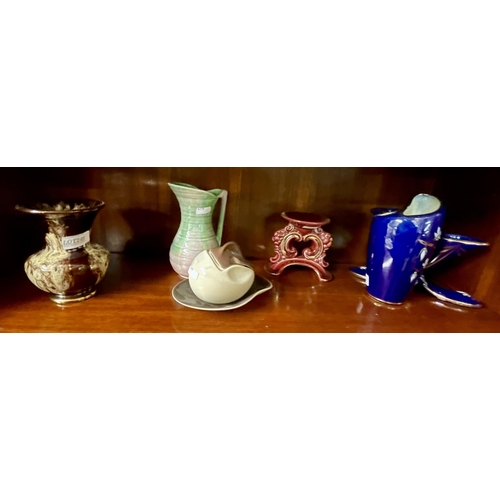 240 - A SMALL COLLECTION OF LUSTRE WARE INCL - A GERMAN BROWN DRIP GLAZE VASE, A SYLVAC PINK AND GREEN DRI... 