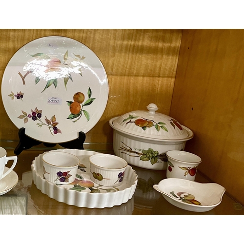 242 - ROYAL WORCESTER EVESHAM WARE 6 PIECES, INCL, CHEESE PLATE, COVERED TUREEN, FLAN DISHN= AND X2 SMALL ... 