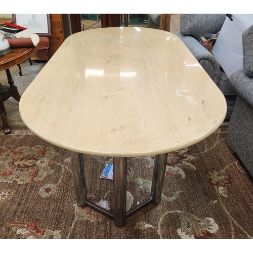 270 - IN THE MANNER OF GUY LEFEVRE 1970'S LARGE OVAL TRAVERTINE MARBLE TOPPED DINING TABLE ON CHROME LEGS ... 