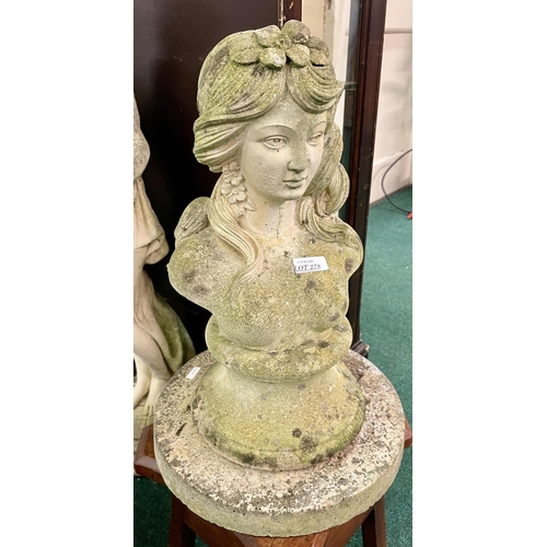 278 - STONEWARE GARDEN BUST OF A LADY ON PLINTH, WITH ADDITIONAL BASE - APPROX 46CMH