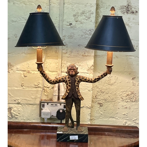 288 - LARGE TWIN SHADED TABLE LAMP WITH MONKEY FIGURE - G.W.O.