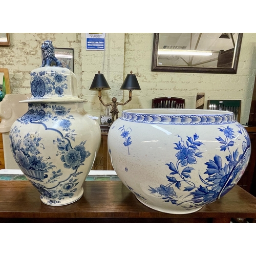 294 - VICTORIAN BLUE & WHITE TRANSFER PRINTED PLANTER WITH FLORAL DECORATION AND INSET CARTOUCHE DEPICTING... 