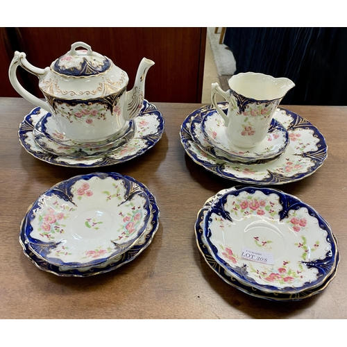 308 - SUTHERLAND CHINA PART TEA SET - 12 PIECES INC. TEAPOT, CREAM JUG, SAUCERS, PLATES ETC.