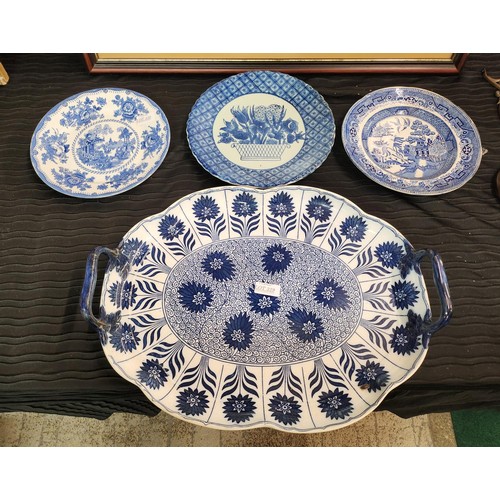 329 - MINTON BONE CHINA 2 HANDLED SERVING TRAY CHINOISERIE ASTER PATTERN TOGETHER WITH BLUE AND WHITE WARE... 