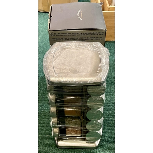 111 - BOXED OLDE THOMPSON ROTATING STAINLESS STEEL SPICE RACK - 20 JARS