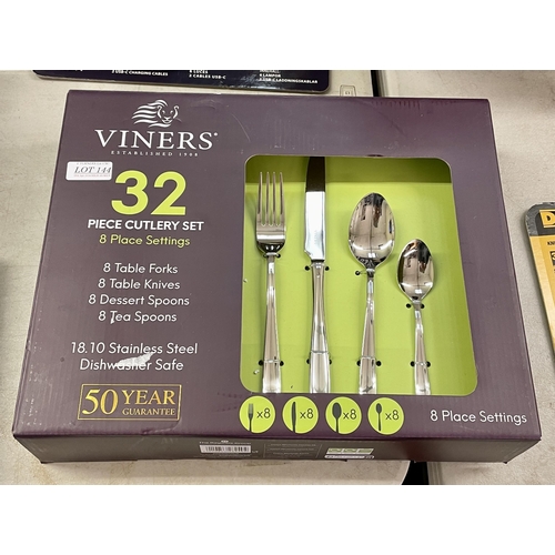 144 - BOXED VINERS 31 PIECE CUTLERY SET (MISSING ONE FORK)