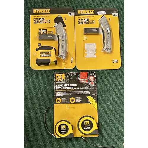 149 - 2 X DE WALT UTILITY KNIFE TOGETHER WITH A DE WALT 8M TAPE MEASURE AND 2 X ROUGHNECK TAPE MEASURES