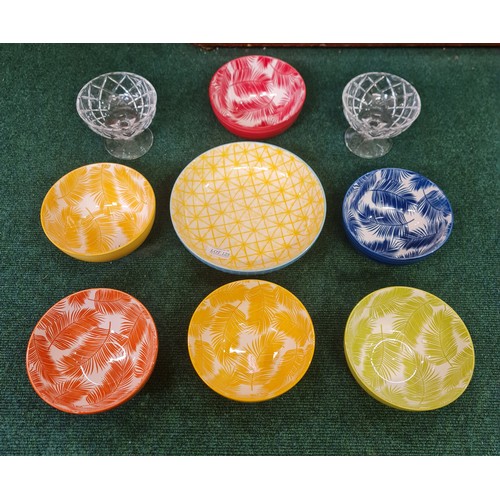128 - 7 X VARIOUS DECORATIVE OVER AND BACK BOWLS INC. PASTA BOWL, SNACK BOWLS, 2 X GELATO DISHES