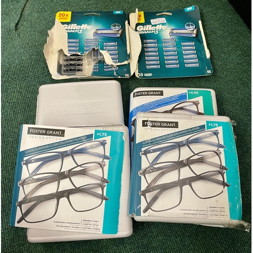 18 - SMALL QTY FOSTER GRANT VARIOUS STRENGTH READING GLASSES TOGETHER WITH A QTY GILLETTE MACH 3 RAZORS