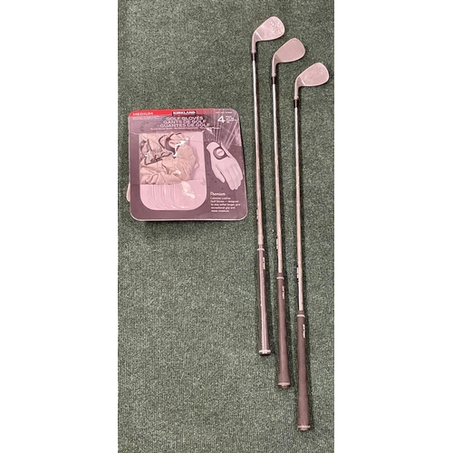 43 - QTY OF VARIOUS GOLF CLUBS INC. KIRKLAND WEDGES AND A COBRA LAMKIN PUTTER TOGETHER WITH A 4 PACK KIRK... 