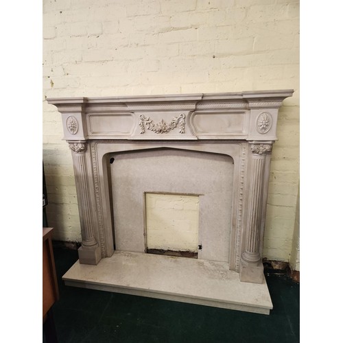 211 - MARBLE EFFECT FIRE PLACE ON BASE APPROX 120CM X 140CM X 39CM (NOTE BACK PANEL IN TWO PIECES)