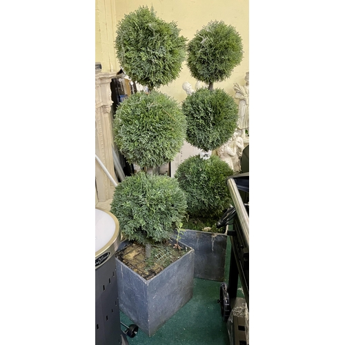 219 - 2 X TRIPLE FAUX CEDAR BALL TOPIARY IN SLATE EFFECT POT - APPROX 1.5M HIGH - DGE TO SLATE EFFECT POTS