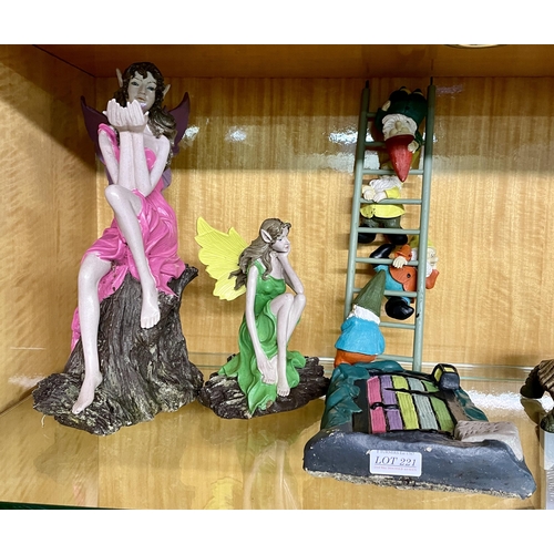 221 - A STONE EFFECT FAIRY DOORWAY, A GNOME LADDER ORNAMENT, 2X RESIN FAIRY FIGURINES -1 LARGE 1 SMALL