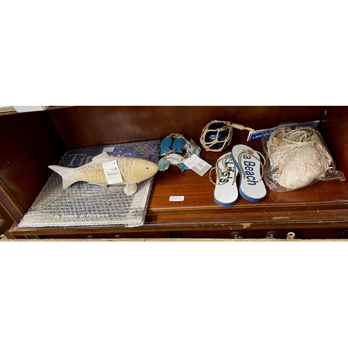 233 - PAIR OF HANGING BEACH SANDALS, DECORATIVE FISHNET (200X150CMS), WOODEN FISH HANGER, HANING BALL IN N... 