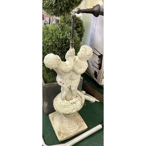 271 - A STONEWARE GARDEN FIGURE OF TWO CHERUBS ON A PLINTH CONVERTED TO A FOUNTAIN - APPROX. H: 96CMS