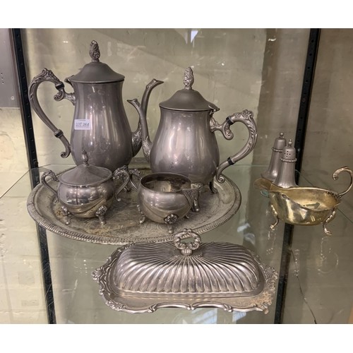 364 - A VINTAGE SILVER PLATED TEA SET, COFFEE POT, TEA POT, MILK, SUGAR, TOGETHER WITH A BUTTER DISH, GRAV... 