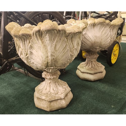 274 - A PAIR OF LARGE STONEWARE PLANTER ON PLINTHS - LEAF DESIGN -APPROX H:59 X D:52CMS