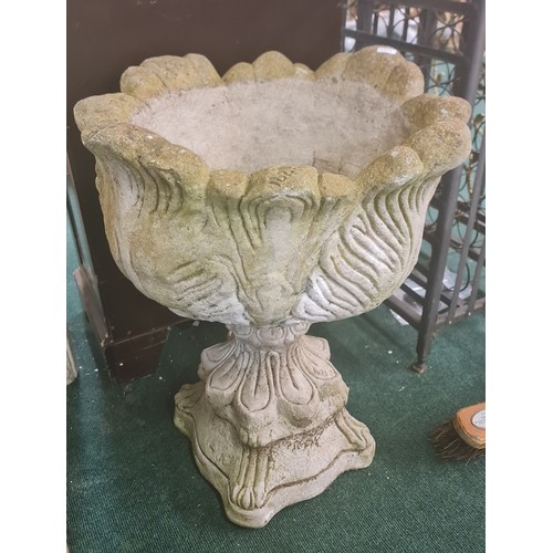 273 - A LARGE STONEWARE PLANTER ON PLINTH - LEAF DESIGN -APPROX. H: 62CMS D: 48CMS