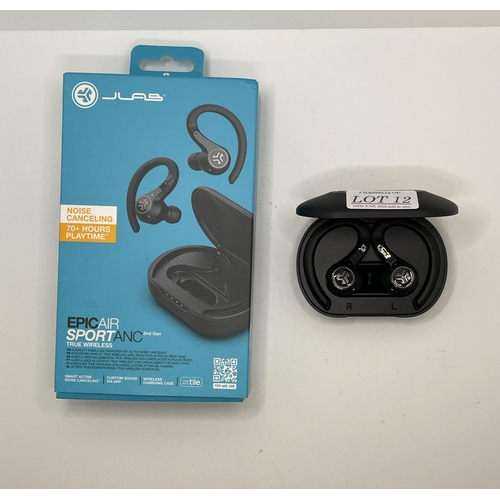 12 - BOXED PAIR OF JLAB EPIC AIR SPORT ANC SECOND GEN TRUE WRELESS EAR BUDS WITH CHARGING CASE