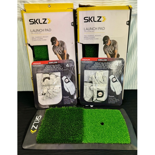 76 - SET OF 3 SKLZ GOLF LAUNCH PADS - ONLY ONE RUBBER TEE TOGETHER WITH A QTY OF KIRKLAND GOLF GLOVES - M... 