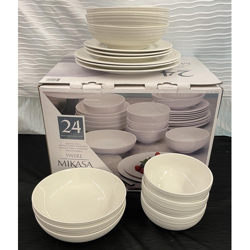 127 - BOXED MIKASA 24 PIECE SWIRL WHITE PORCELAIN DINNERWARE SERVICE - 6 LARGE BOWLS/6 CEREAL/6 LARGE PLAT... 