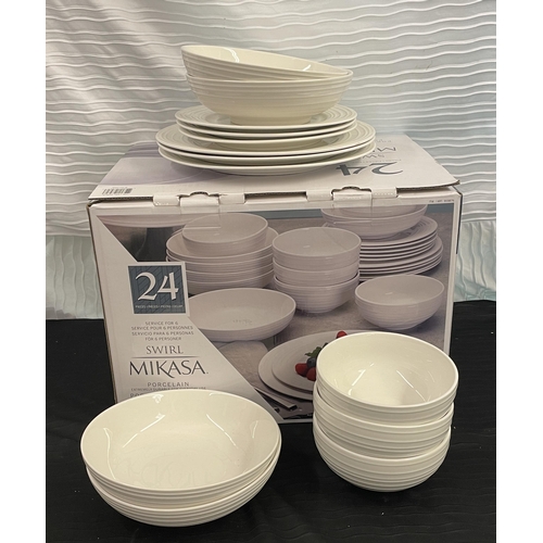 128 - BOXED MIKASA 22 PIECE SWIRL WHITE PORCELAIN DINNERWARE SERVICE - 4 LARGE BOWLS/6 CEREAL/6 LARGE PLAT... 