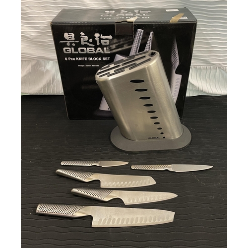 133 - 6 PIECE GLOBAL KNIFE BLOCK SET - INC. FIVE KNIVES/BLOCK (NOTE CHEF KNIFE HAS MISSING TIP)