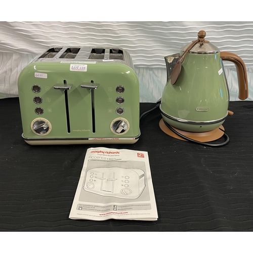 138 - MORPHY RICHARDS FOUR SLICE TOASTER - SAGE GREEN TOGETHER WITH A DELONGHI ICONA VINTAGE KETTLE IN SAG... 