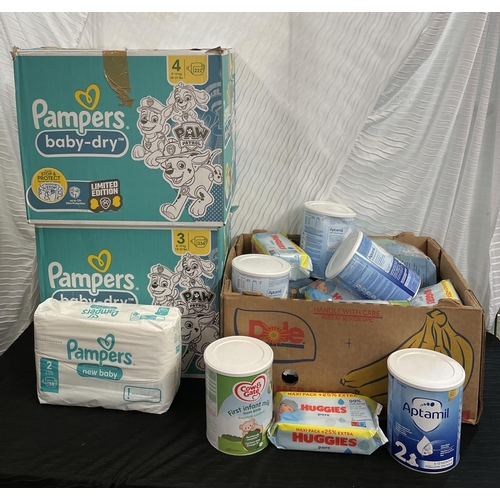 160 - BOX OF MIXED BABY ITEMS INC. APTAMIL FOLLOW ON MILK, COW AND GATE INFANT MILK, VARIOUS BABY WIPES, L... 