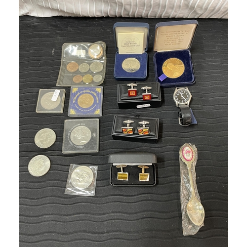 281 - SMALL COLLECTION OF COINS, MEDALS AND CUFFLINKS