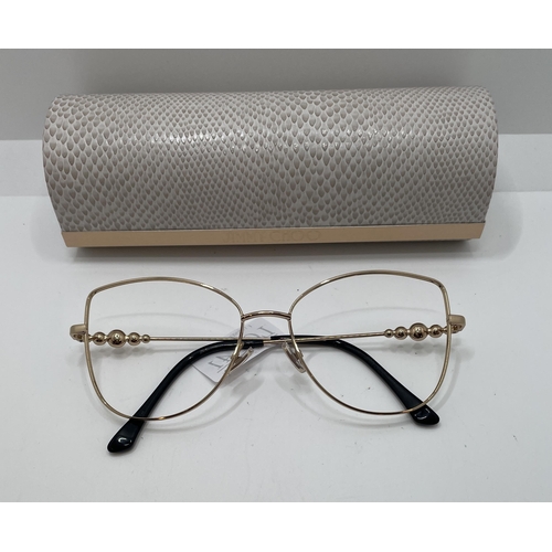 30 - PAIR OF JIMMY CHOO GOLD COLOURED SPECTACLE FRAMES WITH DECORATIVE FAUX PEARL ARMS WITH JIMMY CHOO CA... 