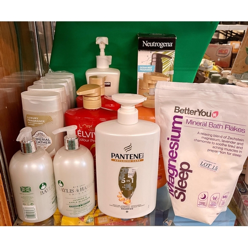 15 - LARGE QTY BATHROOM TOILETRIES INC. IMPERIAL LEATHER BODY WASH, BAYLISS AND HARDING HAND SOAP, MAGNES... 