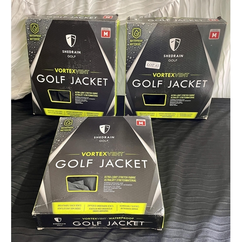 45 - BOXED SET OF 3 SHED RAIN VORTEX EVENT WATERPROOF GOLF JACKETS - ALL SIZE M BLACK