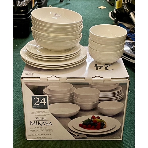 55 - BOXED MIKASA 24 PIECE SWIRL WHITE PORCELAIN DINNERWARE SERVICE - 6 LARGE BOWLS/6 CEREAL/6 LARGE PLAT... 