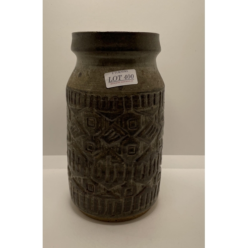 228 - A TALL CYCLINDRIVAL STONE WARE VASE WITH INTICATE CARVED PATTERN MARKED TO BASE 'JW' - POSS. JANET W... 