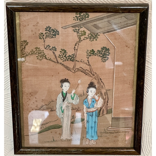 359 - CHINESE: A FRAMED & GLAZED 19TH.C. CHINESE PAINTING ON SILK (THE FRAME 26.5(H) X 21.5(W) CMS)- DEPIC... 