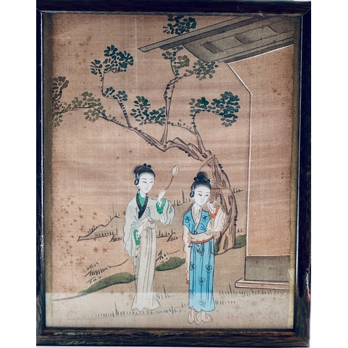 359 - CHINESE: A FRAMED & GLAZED 19TH.C. CHINESE PAINTING ON SILK (THE FRAME 26.5(H) X 21.5(W) CMS)- DEPIC... 