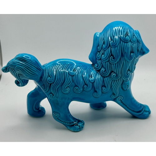 374 - CHINESE: A 20TH C. CHINESE TURQUOISE BUDDHISTIC LION - 15.5CMS (L)