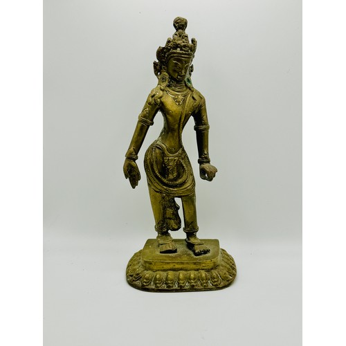 375 - A 19TH/20TH CENTURY INDIAN OR NEPALESE STANDING BRONZE DEITY, 21CM (H) POSS. 'AVALOKITESHVARA'