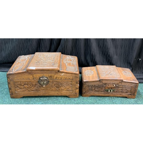 356 - 2 X CARVED ORIENTAL STYLE CADDIES/BOXES WITH BRASS LOCKS (ONE PART OF ONE LOCK MISSING)